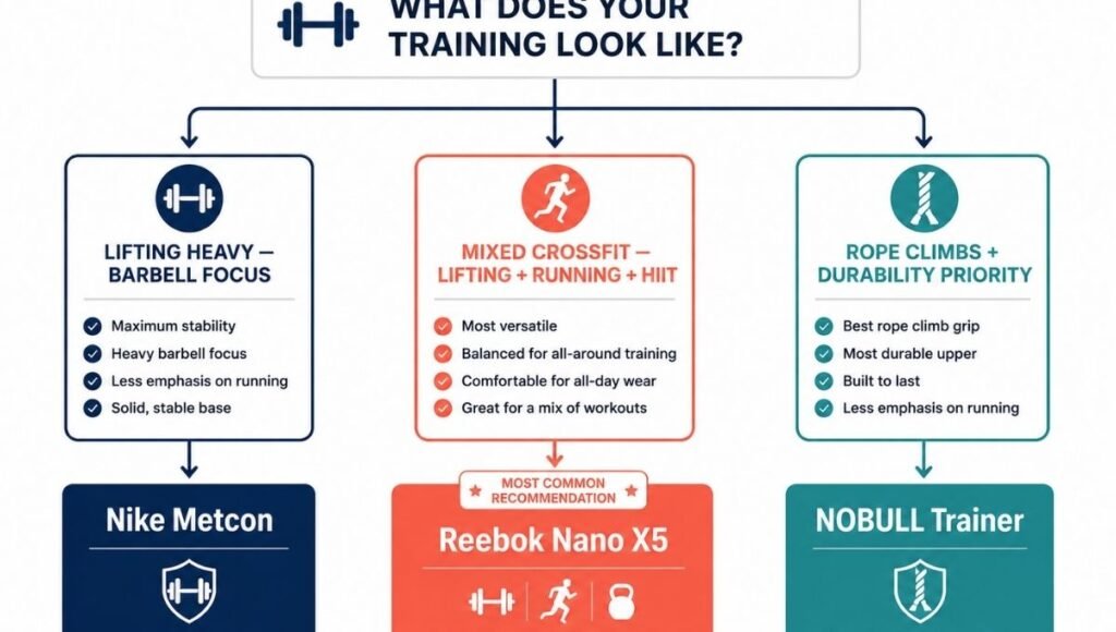 Decision guide showing which CrossFit shoe to choose based on training type, recommending Nike Metcon for lifting-heavy training, Reebok Nano for mixed CrossFit programming, and NOBULL for rope climb focused training
