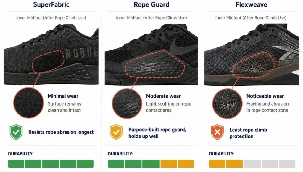 Comparison showing rope climb durability differences between NOBULL SuperFabric upper, Nike Metcon rope guard, and Reebok Nano Flexweave upper, illustrating which material best survives rope climb abrasion