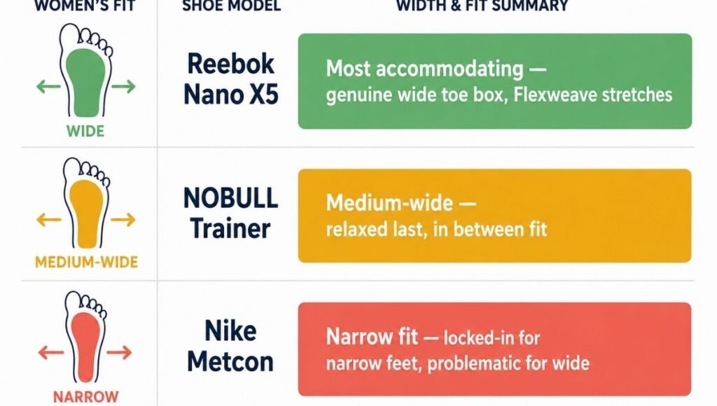 Toe box width comparison for women's CrossFit shoes showing Reebok Nano as most accommodating for wide feet, NOBULL as medium-wide, and Nike Metcon as narrowest fit
