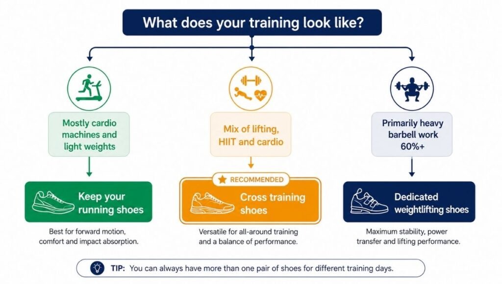 Decision guide showing when you need cross training shoes versus when running shoes or dedicated weightlifting shoes are more appropriate, based on training type and frequency