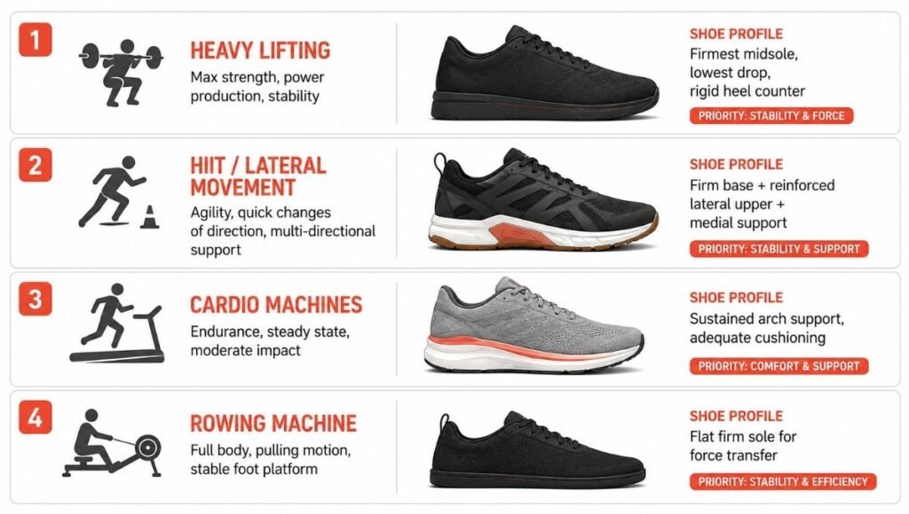 Guide showing recommended gym shoe features for flat feet across different training types including heavy lifting, HIIT, cardio machines, and rowing