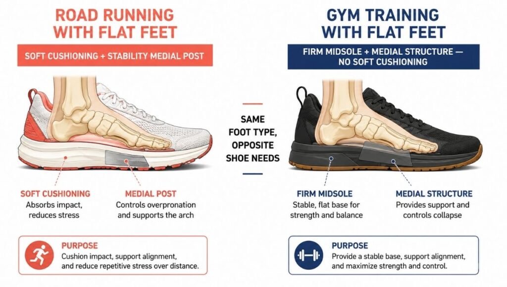 Comparison infographic showing that flat feet need cushioned stability shoes for road running but firm flat midsoles for gym training, illustrating the opposite requirements for the two activities