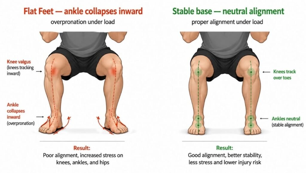 Diagram showing how flat feet cause ankle collapse and knee valgus during squats, with the ankle rolling inward and the knee tracking inward, compared to neutral foot alignment
