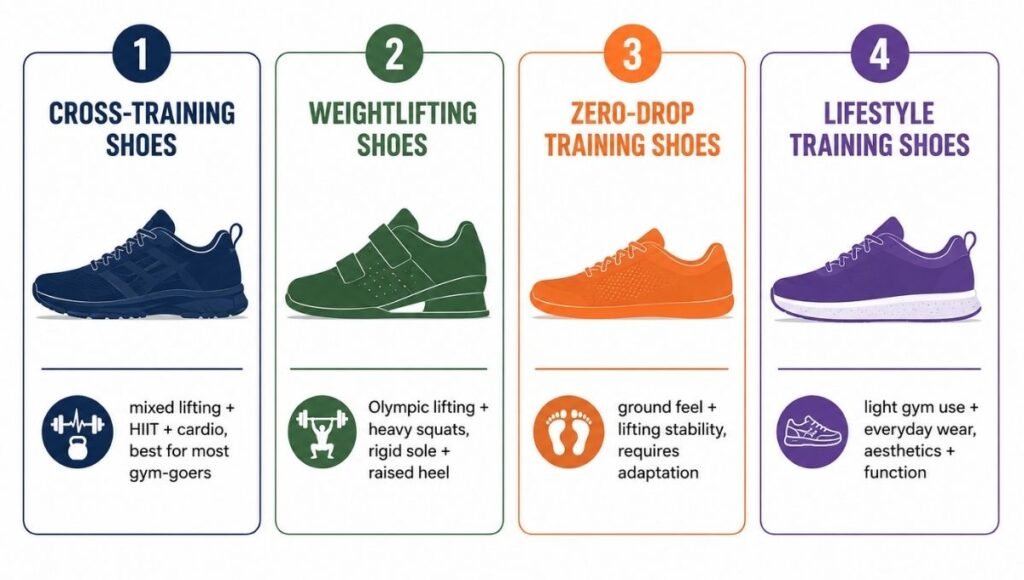 Infographic showing four types of training shoes: cross-training shoes for mixed gym use, dedicated weightlifting shoes with elevated heel, minimalist zero-drop training shoes, and lifestyle training shoes for everyday gym use