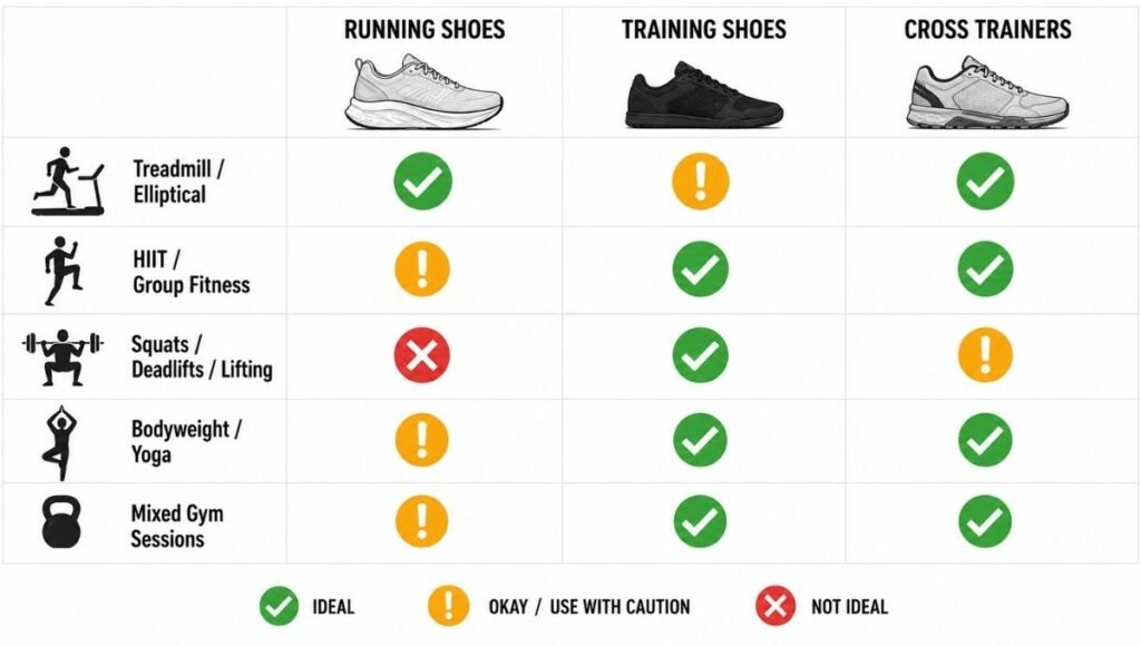 Compatibility chart showing which shoe type is appropriate for different gym activities, with running shoes marked suitable for treadmill and cardio, training shoes for weightlifting and HIIT, and cross trainers for mixed workouts