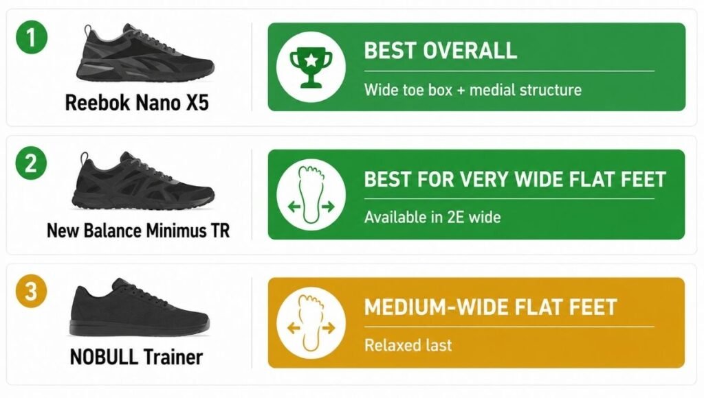Brand comparison chart for gym shoes suitable for both flat feet and wide feet, showing Reebok Nano as best overall, New Balance Minimus TR for very wide feet, and NOBULL as medium-wide option