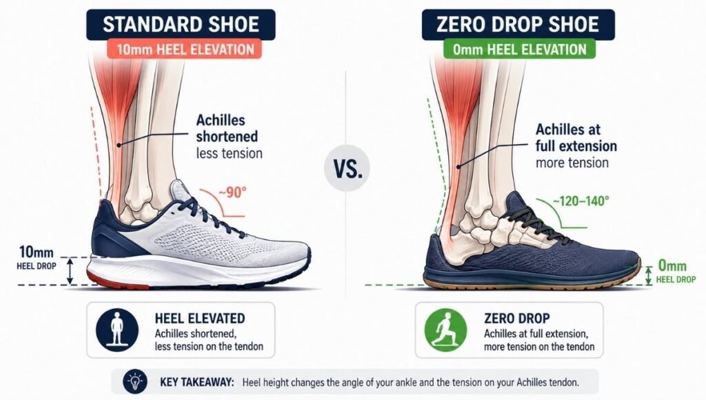 Diagram showing how heel drop affects Achilles tendon tension during running, comparing standard 10mm heel drop shoes that shorten the Achilles versus zero drop shoes that place the Achilles under greater tension