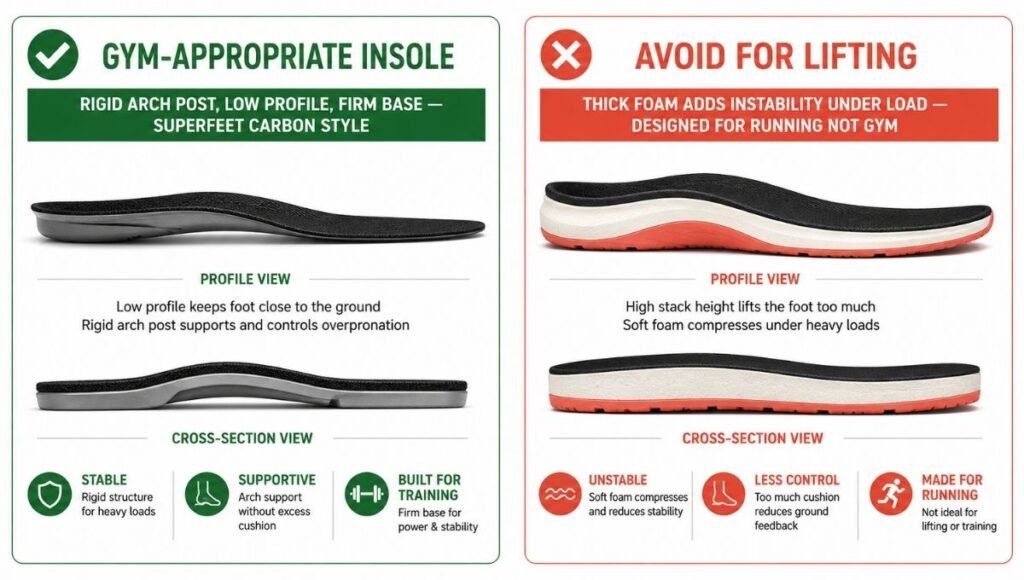 Comparison of insole options for flat feet during gym training, showing firm low-profile insoles suitable for lifting versus cushioned insoles that are inappropriate for weighted exercises