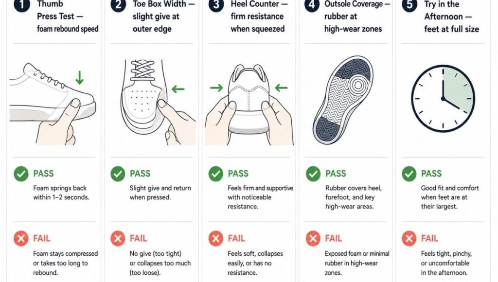 Five-step buying checklist for lifestyle sneakers covering midsole rebound test, toe box width check, heel counter firmness, outsole material inspection, and the afternoon try-on rule
