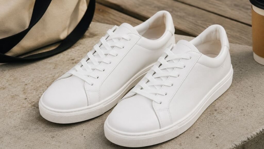 A clean pair of white leather lifestyle sneakers placed on an urban surface alongside everyday items like a coffee cup and bag, representing the versatile everyday use of lifestyle sneakers for commuting and casual wear
