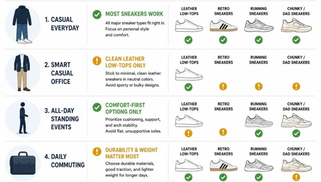 Occasion guide showing which lifestyle sneaker styles work best for different contexts including casual everyday wear, smart casual office, all-day standing events, and commuting