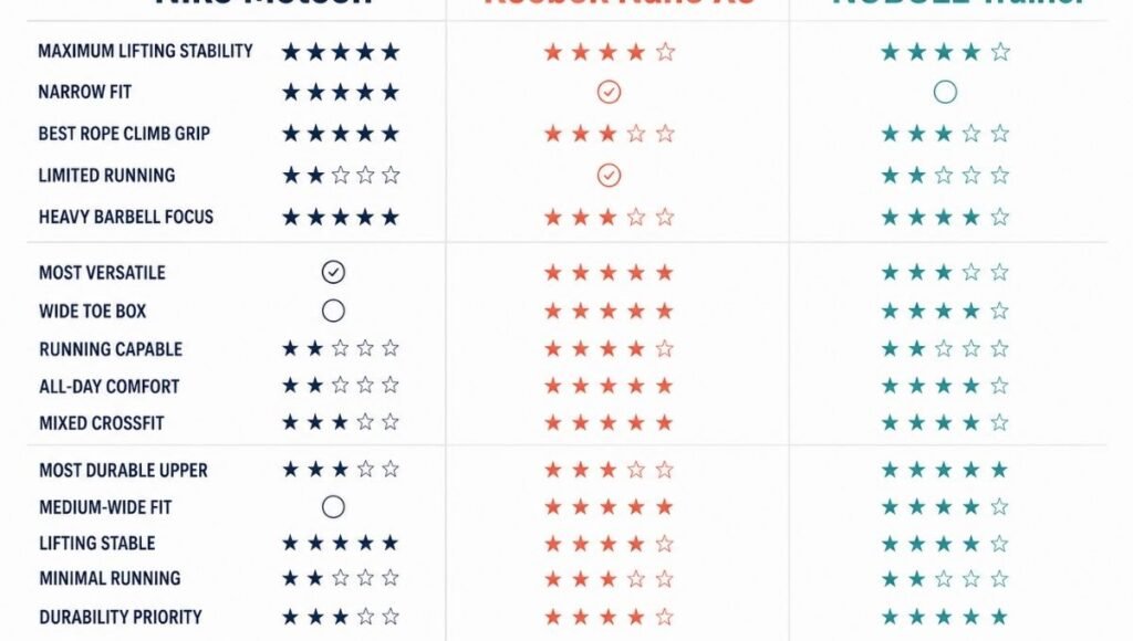 Three-column comparison chart showing key differences between Nike Metcon, Reebok Nano X5, and NOBULL Trainer across lifting stability, running comfort, toe box width, durability, and best use case
