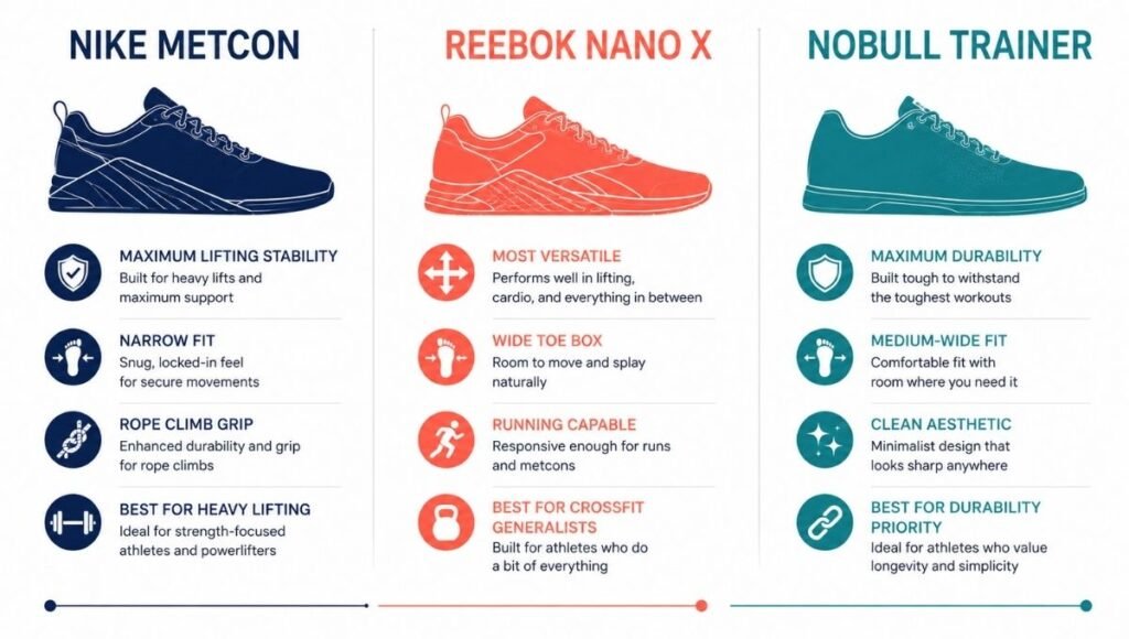 Three-column comparison infographic showing the key differences between Nike Metcon, Reebok Nano, and NOBULL Trainer cross training shoes including lifting stability, running versatility, toe box width, and best use case