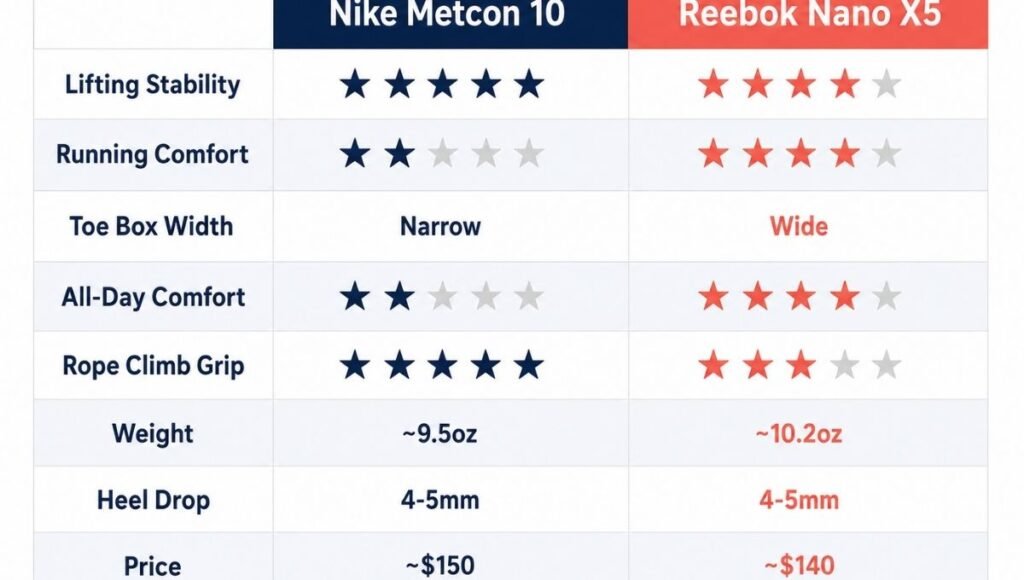 Detailed specification comparison table for Nike Metcon 10 versus Reebok Nano X5 showing lifting stability, running comfort, toe box width, all-day comfort, rope climb performance, weight, heel drop, and price