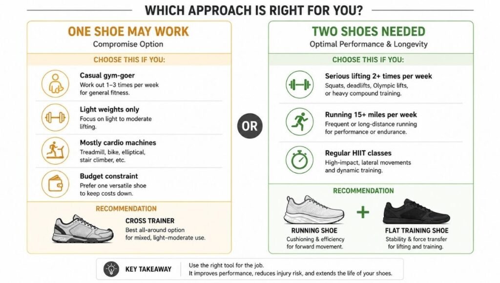 Decision framework showing when one shoe can work for both gym and running versus when two separate pairs are needed, based on training volume and type