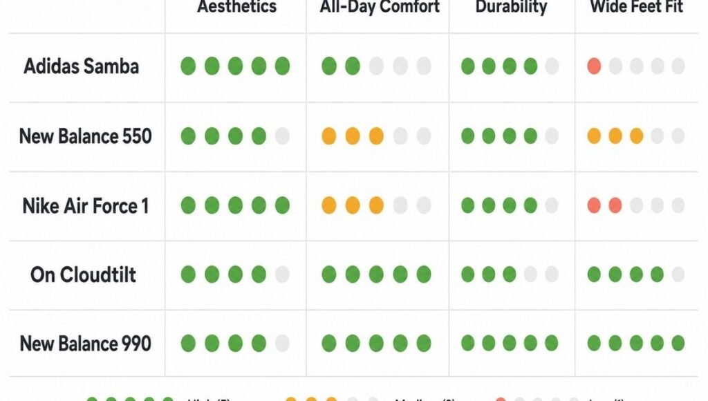Honest rating comparison of popular lifestyle sneakers including Adidas Samba, New Balance 550, Nike Air Force 1, On Cloudtilt, and New Balance 990 across aesthetics, all-day comfort, durability, and wide feet suitability