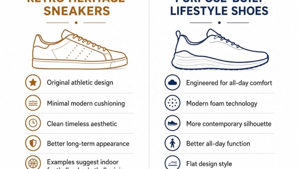 Comparison infographic showing the difference between retro heritage sneakers repurposed as lifestyle shoes versus purpose-built comfort lifestyle sneakers, with different priorities for aesthetics versus all-day function