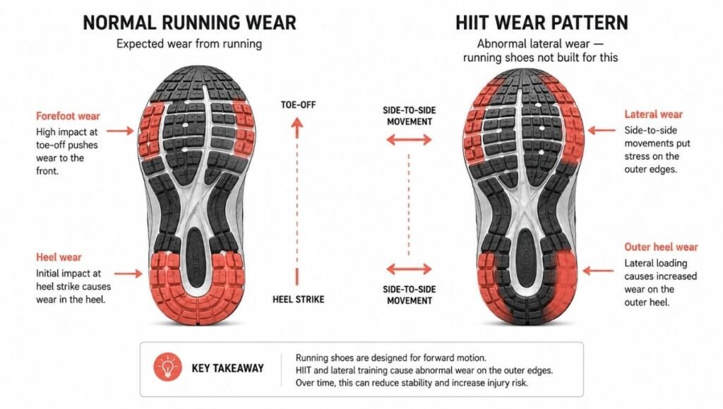 Bottom view comparison showing normal heel-to-toe outsole wear pattern from running versus abnormal lateral edge wear pattern that occurs when running shoes are used for HIIT and lateral movement training