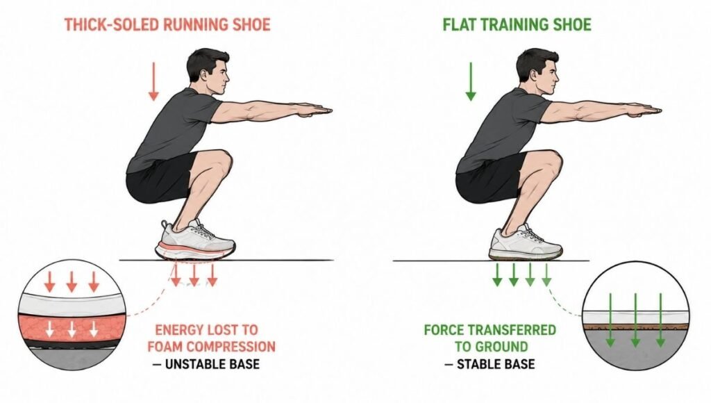 Diagram showing how a soft running shoe midsole compresses and absorbs energy during a squat, compared to a flat training shoe that transfers force directly to the ground for better lifting stability