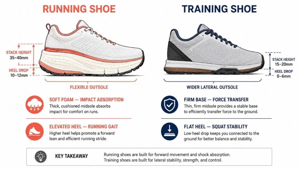 Cross-section diagram comparing the internal structure of a running shoe with thick cushioned midsole and high heel drop versus a training shoe with firm flat midsole and lower heel drop