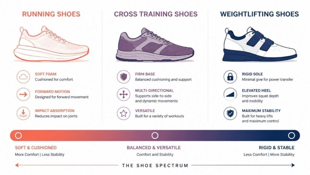 Spectrum diagram comparing three shoe types from left to right: running shoes with maximum cushioning, cross training shoes in the middle with firm versatile sole, and weightlifting shoes on the right with rigid elevated heel