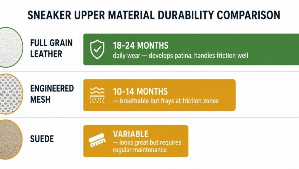 Durability comparison chart showing leather sneaker uppers lasting 18-24 months of daily wear versus mesh uppers lasting 10-14 months and suede requiring the most maintenance, for everyday lifestyle sneaker use