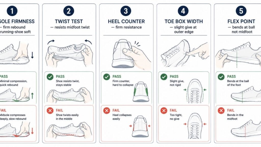 Five-step pre-purchase checklist for training shoes showing midsole firmness test, twist test for lateral stability, heel counter firmness, toe box width check, and flex point location test