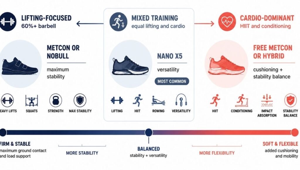 Decision framework showing which training shoe type to choose based on training split, from lifting-focused to mixed training to cardio-dominant, with specific shoe category recommendations for each