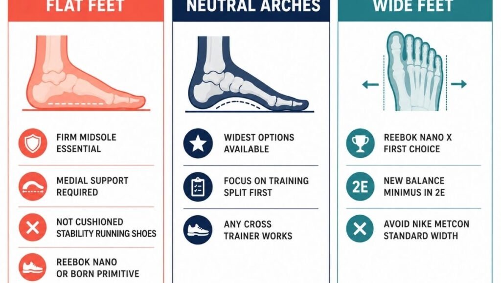 Guide matching training shoe features to foot types for gym use, showing firm midsole with medial support for flat feet, wide toe box options for wide feet, and standard cross trainers for neutral arches