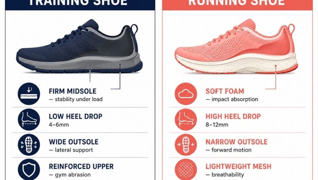 Side-by-side structural comparison of a training shoe with firm flat midsole and wide outsole versus a running shoe with thick cushioned midsole and narrow outsole, showing the fundamental design differences