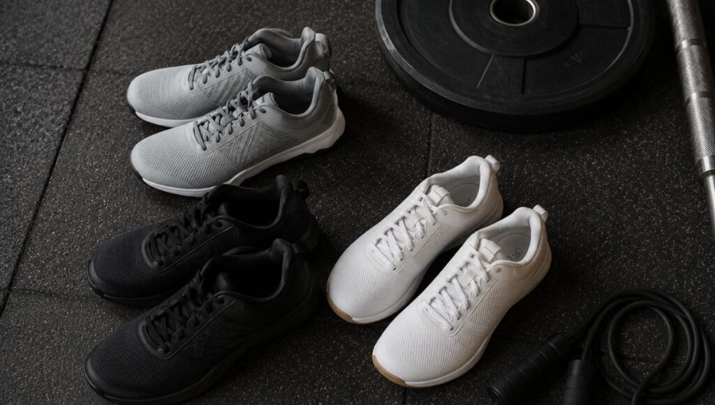 A variety of training shoes displayed on a gym rubber floor next to gym equipment including a barbell and resistance bands, representing the complete guide to choosing the right training shoe for different workout types