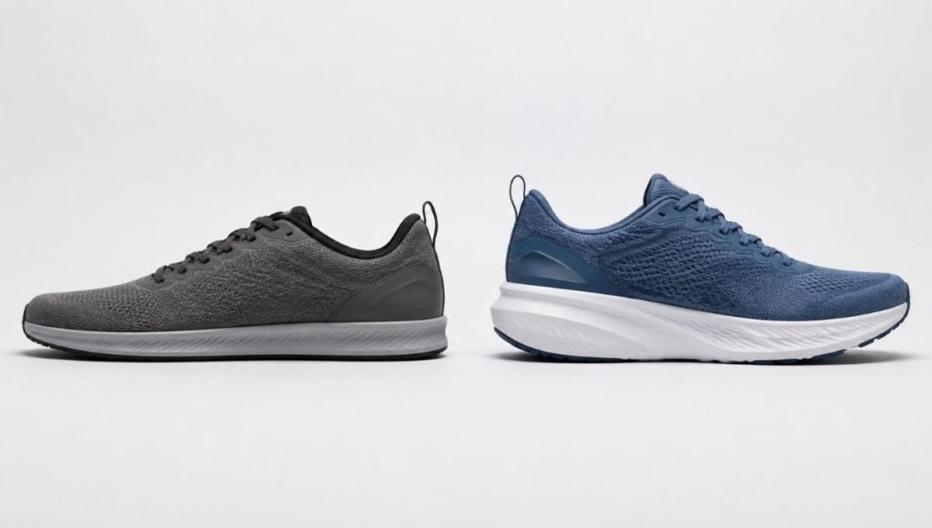 Side profile comparison of a zero drop shoe with equal heel and forefoot height versus a standard running shoe with elevated heel, showing the fundamental structural difference between the two shoe types