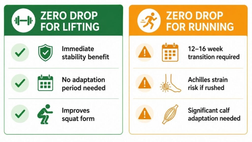 Comparison infographic showing that zero drop shoes provide immediate benefits for lifting with minimal transition risk, versus significant Achilles adaptation demands for running requiring a 12-16 week gradual transition
