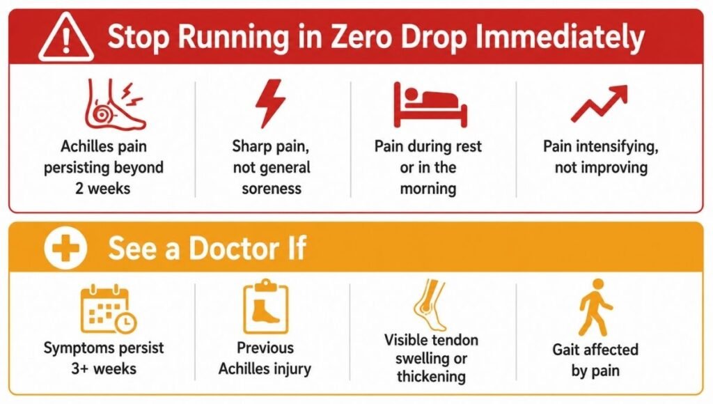 Warning signs infographic showing when to stop using zero drop shoes and seek medical attention, including persistent Achilles pain, sharp pain during running, morning stiffness, and tendon swelling