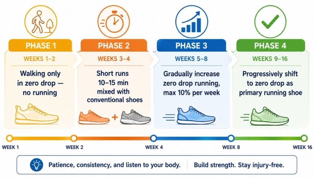 16-week transition timeline for safely switching to zero drop running shoes, showing gradual progression from walking only in weeks 1-2 to full running mileage by weeks 13-16
