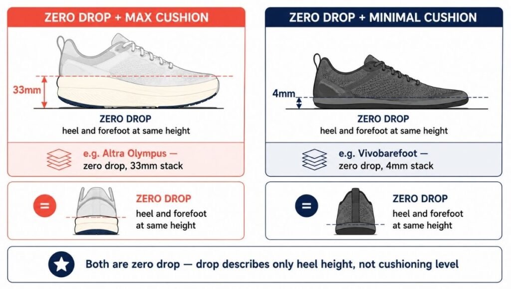 Comparison diagram showing the difference between zero drop shoes with thick cushioning versus minimalist barefoot shoes with thin soles, illustrating that zero drop describes heel height only and not cushioning level