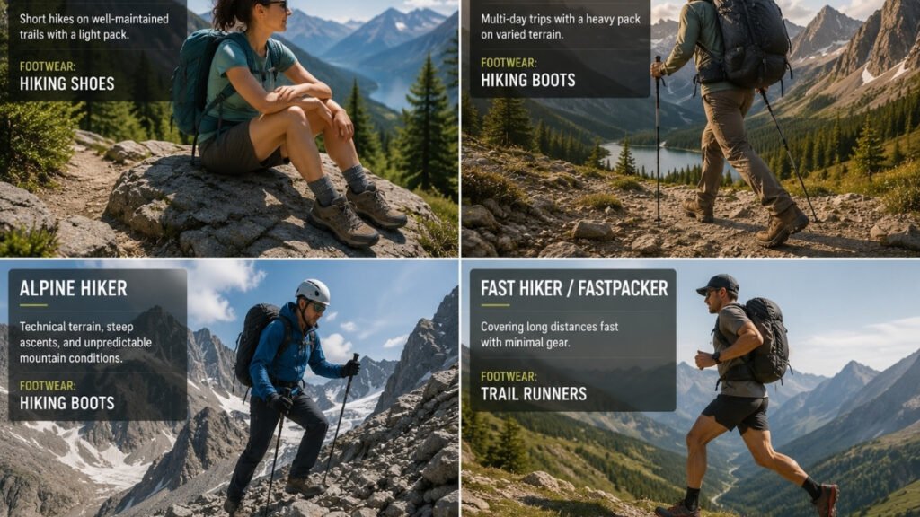 Hiking footwear recommendations based on hiking style and terrain