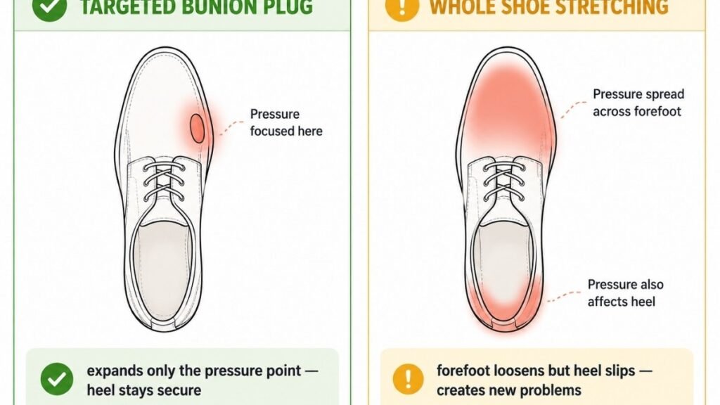Comparison showing targeted bunion plug stretching that expands only the pressure point area versus whole-shoe stretching that loosens the entire shoe including the heel, demonstrating why targeted stretching is preferable for bunion relief