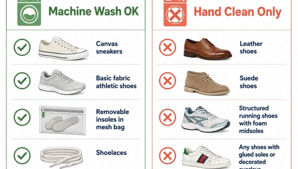 Quick reference guide showing which shoe types can safely go in the washing machine versus which must be hand cleaned, with canvas and basic fabric shoes marked safe and leather, suede, and structured running shoes marked unsafe