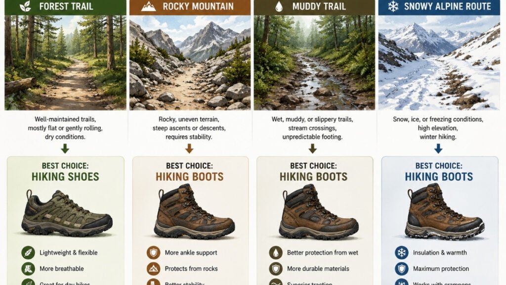 Decision guide showing which footwear works best for different hiking terrain