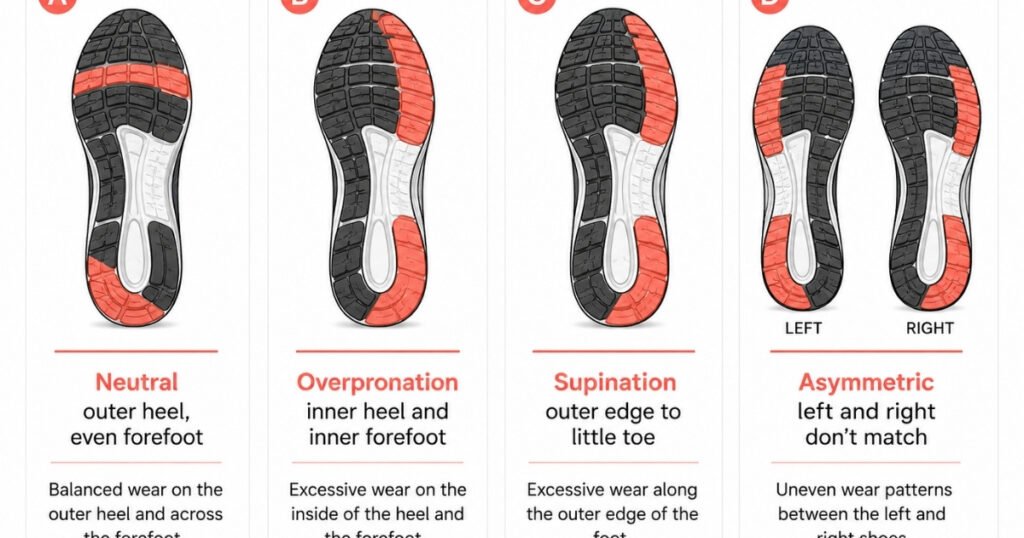 Four-panel outsole wear pattern comparison showing neutral wear with outer heel and even forefoot, overpronation with inner heel and inner forefoot wear, supination with outer edge wear, and asymmetric wear between left and right shoes