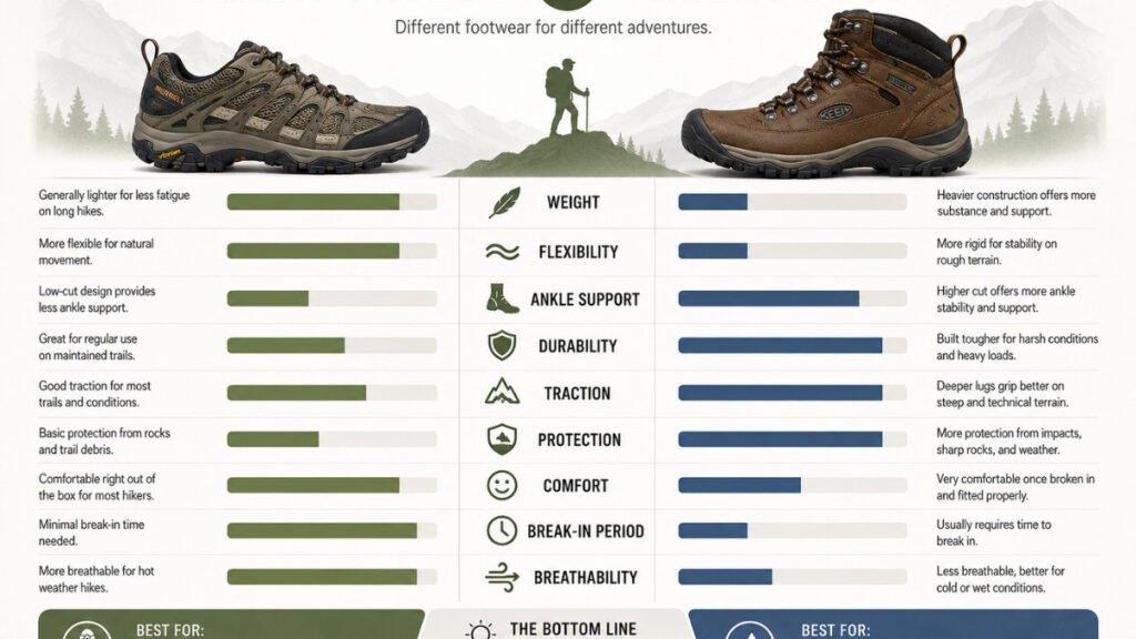 Comparison of weight, flexibility, support, and protection between hiking shoes and boots