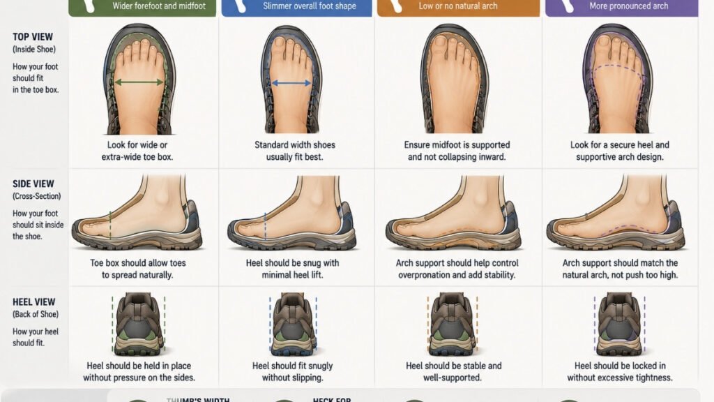 Different hiking shoe fits for wide feet, narrow feet, flat feet, and high arches