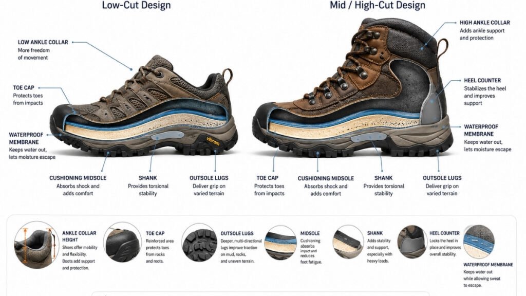 Anatomy comparison showing the structure of hiking shoes and hiking boots