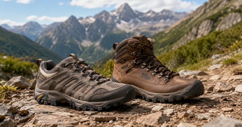 Side-by-side comparison of hiking shoes and hiking boots on a mountain trail