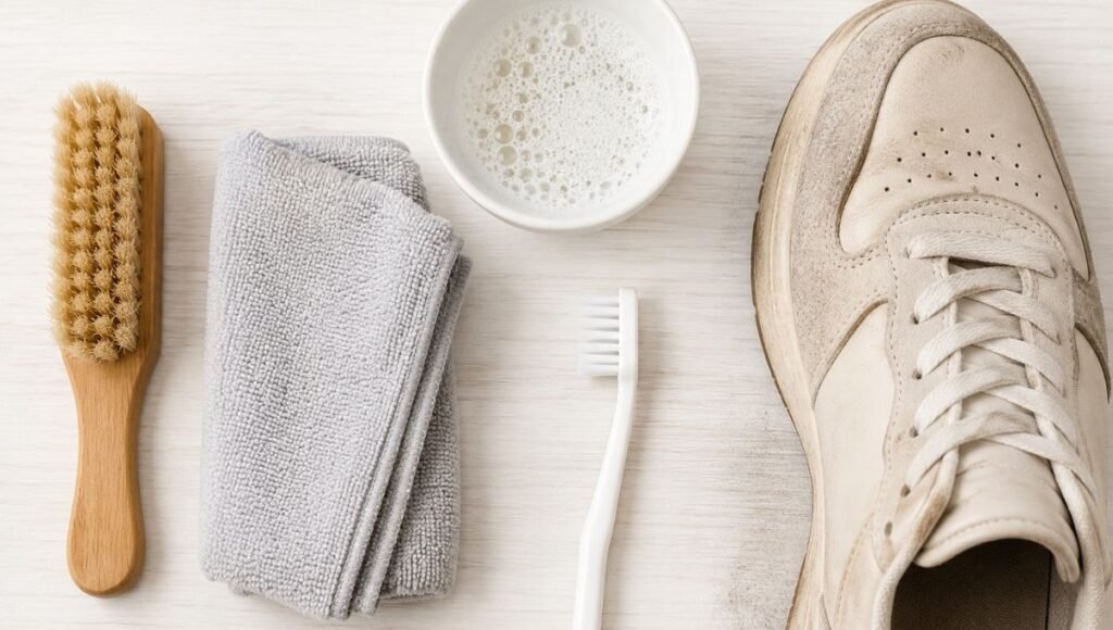 Flat lay of shoe cleaning supplies including a soft brush, microfiber cloth, small bowl of soapy water, and a shoe placed on a clean surface ready for cleaning, representing a complete shoe care routine