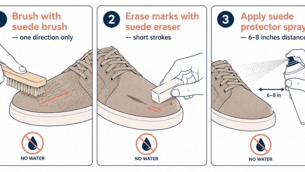 Three-step illustrated guide for cleaning suede shoes using the dry method: brushing with a suede brush, erasing marks with a suede eraser, and applying suede protector spray