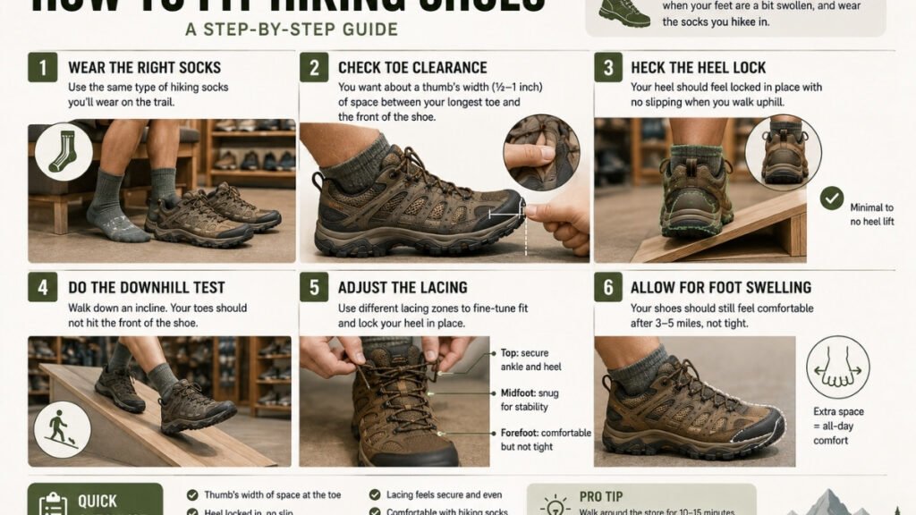 Proper hiking shoe fitting including downhill toe test and heel lock check