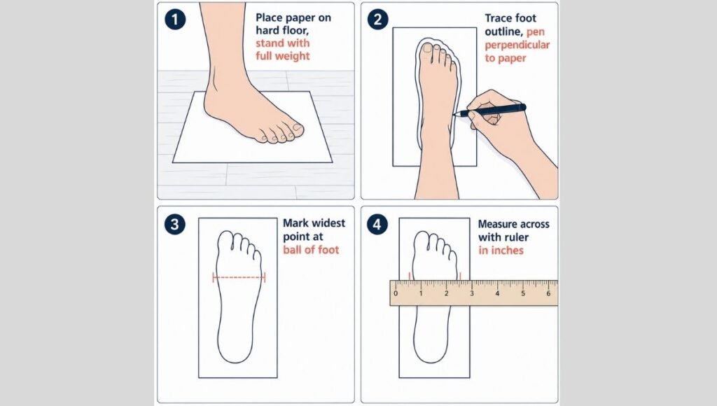 Four-step illustrated guide showing how to measure foot width at home: placing paper on floor, tracing foot outline, marking the widest point at the ball of the foot, and measuring across with a ruler