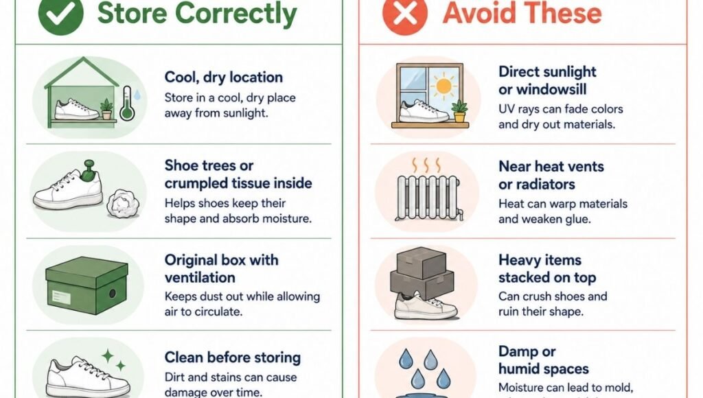 Storage guide showing correct shoe storage methods including cool dry location, shoe trees for shape, and original box versus incorrect storage including direct sunlight, heat sources, and stacked compression